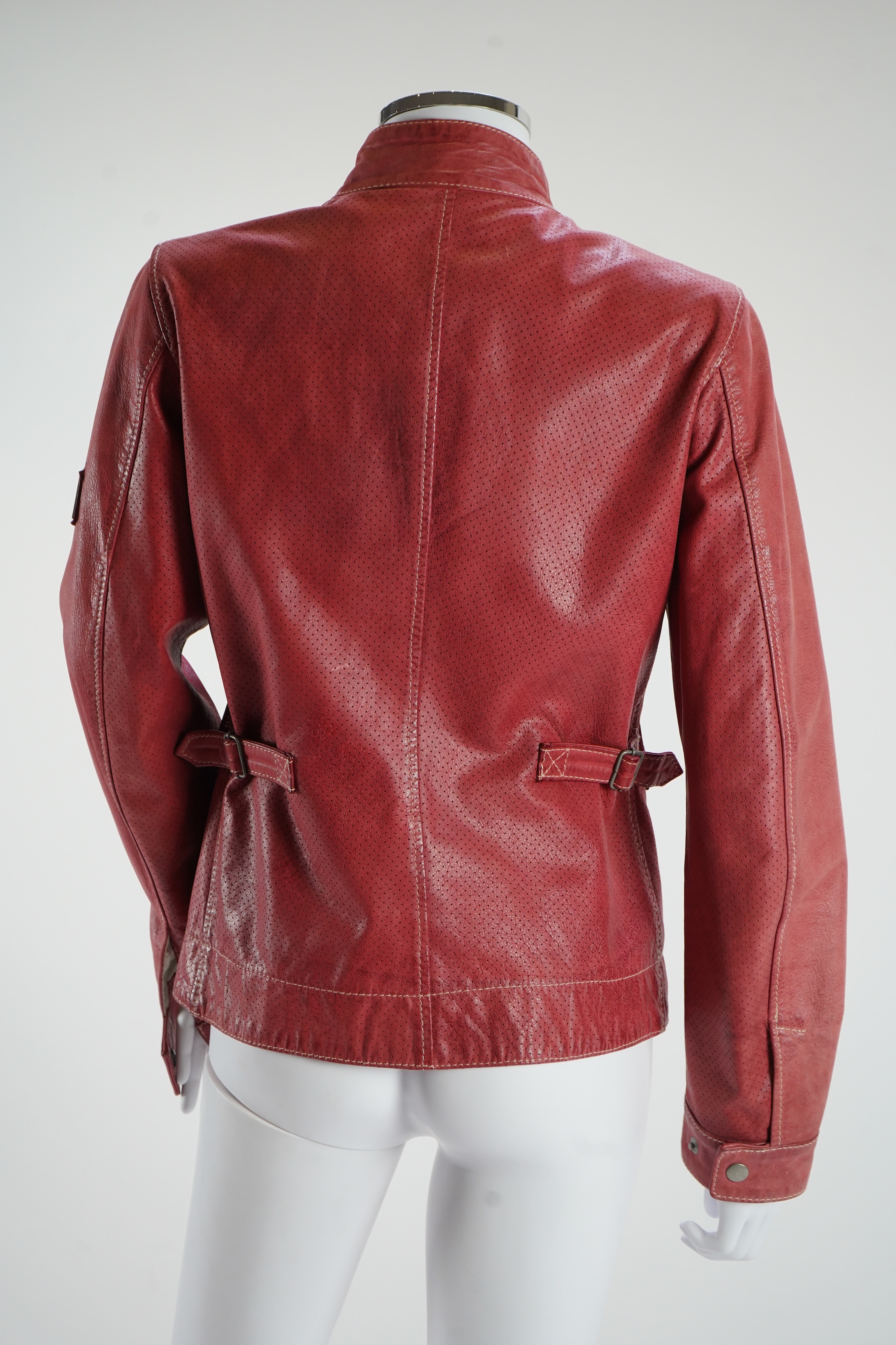 A vintage Belstaff lady's red biker leather jacket. EU 42